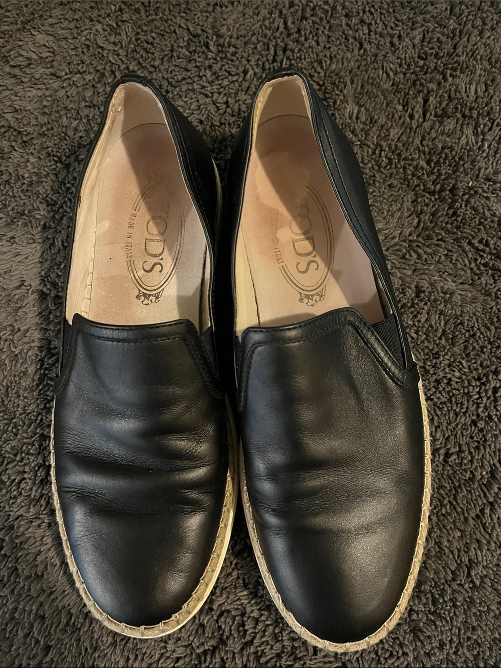 Tod's Black Leather Slip-On Espadrille Loafers